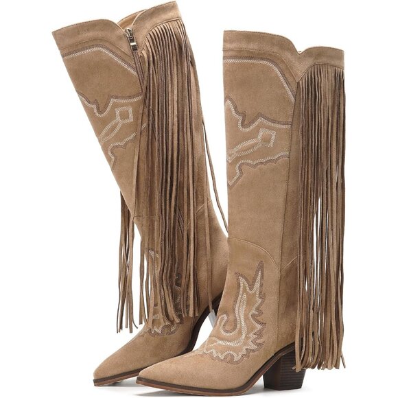 Women's Khaki Cowgirl Boots Knee High Fringe Western TasselEmbroidered